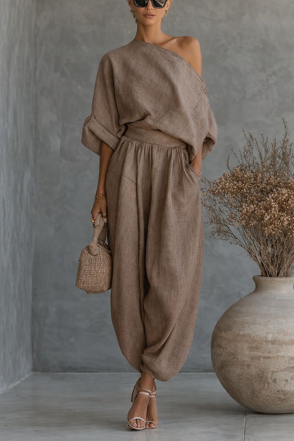 Women's Loose Fitting Wide Leg Casual Top And Lantern Pants Set Spring Cotton Linen Blend_ecoleips.com