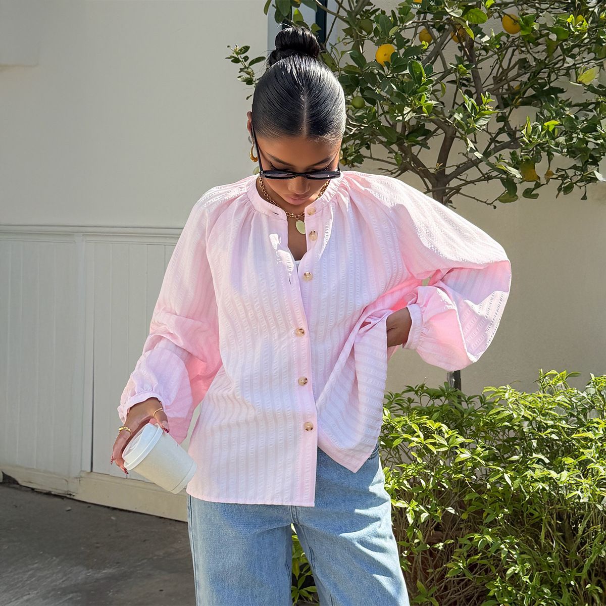 Women's French Striped Puff Sleeve Blouse – Relaxed Fit Stand Collar Shirt, Breathable & Stylish For Spring/Summer_ecoleips.com