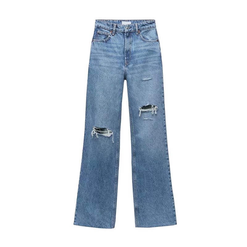 Women's Clothing New Slim High Waist Straight Trousers Ripped Decorative Wide Leg Jeans_ecoleips.com
