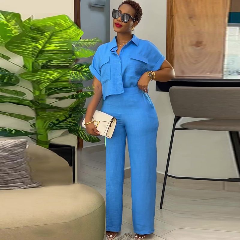 Women's Clothing Summer New Casual Lapel Short Sleeved Shirt Wide Leg Trousers Fashion Suit_ecoleips.com