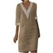Women's Clothing Cotton And Linen Small V Neck Lace Stitching Retro Solid Color Three Quarter Sleeve Dress_ecoleips.com