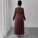 Women's Autumn Winter Brown Dress – Plus Size Long Sleeve Wrap Waist Ruffle Maxi Dress_ecoleips.com
