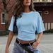Summer Solid Color Women's T-Shirt Crew Neck Short Sleeve Gathered Slim Waist Hot Selling_ecoleips.com