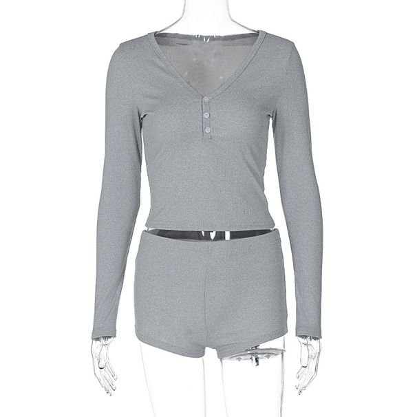 European And American Women's Sexy Low-Cut V-Neck Tight-Fitting Long-Sleeve Top Fashion Sports Style Ultra-Short Pants_ecoleips.com