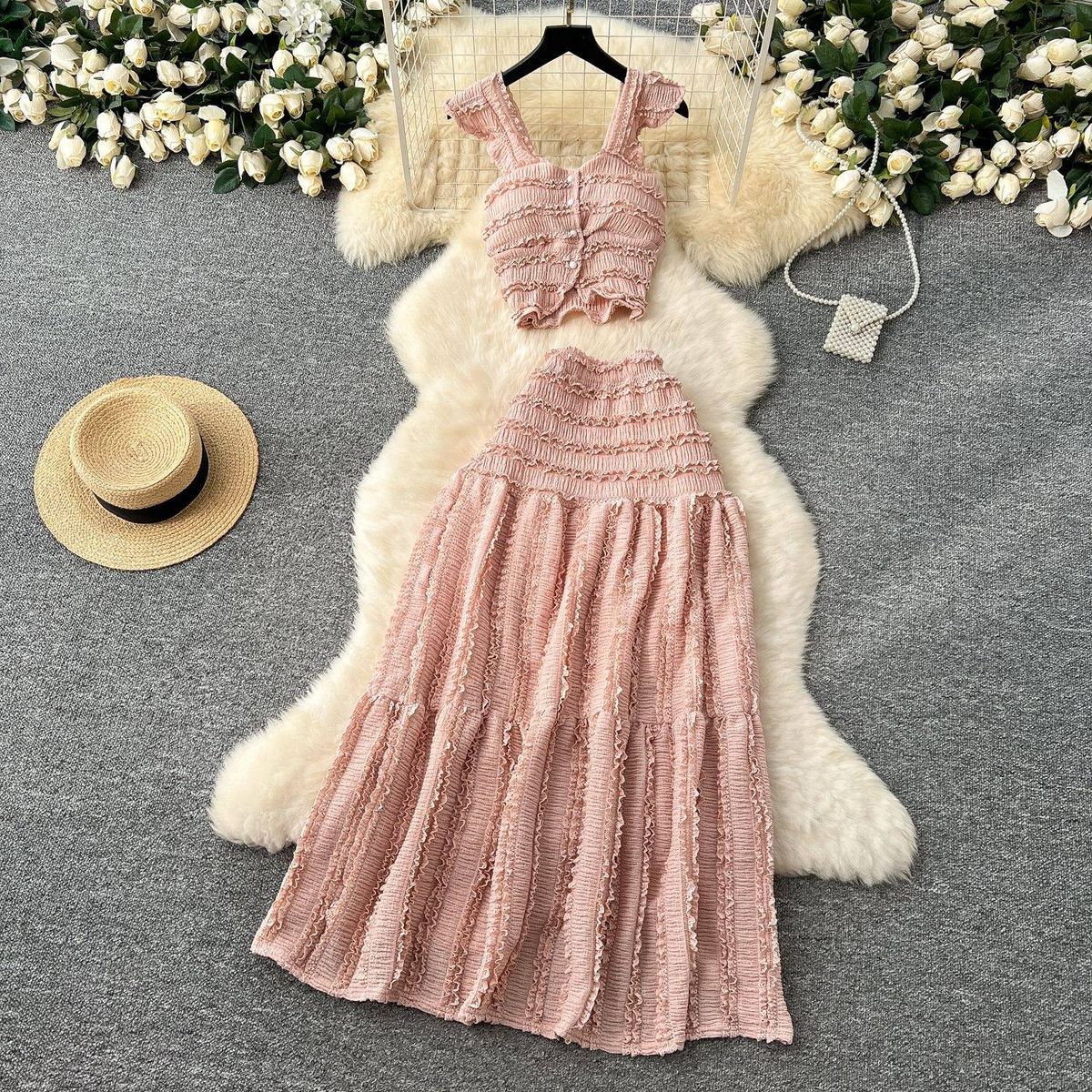 Women's Clothing Age Reducing And Refreshing Spring And Summer Vacation Style Short Sleeved Suspender Top High Waisted Pleated Skirt Two Piece Suit_ecoleips.com