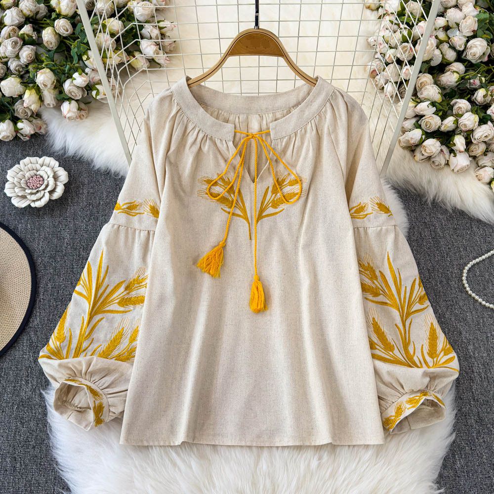 Women's Clothing Retro Ethnic Embroidery Lace-up Long-sleeved Shirt For Women Summer New Loose Slimming Age-reducing Baby Shirt Top_ecoleips.com