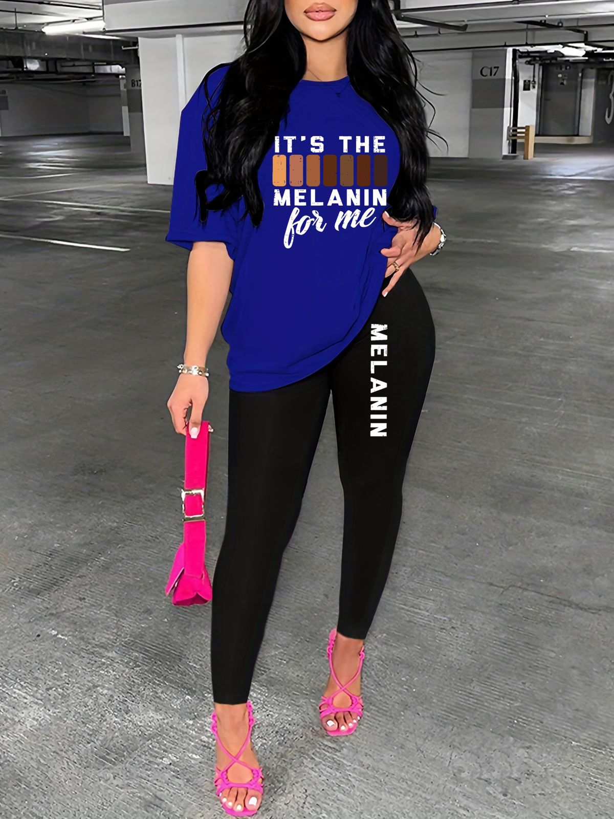 Women's Casual And Fashionable MELANIN Letter Pattern Printed Loose T-shirt+cropped Pants Two-piece Home Sportswear Daily Wear-228_ecoleips.com