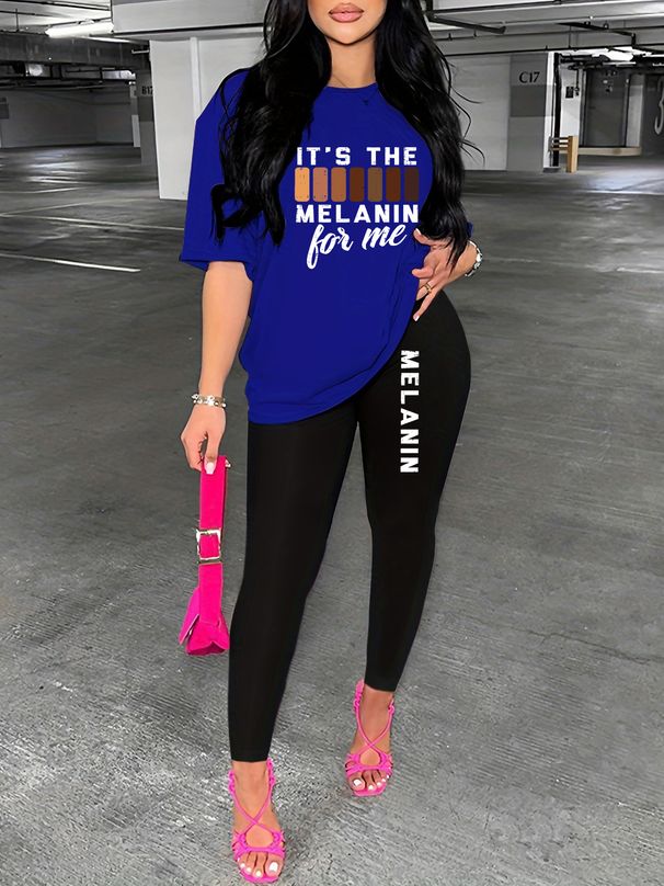 Women's Casual And Fashionable MELANIN Letter Pattern Printed Loose T-shirt+cropped Pants Two-piece Home Sportswear Daily Wear-415_ecoleips.com