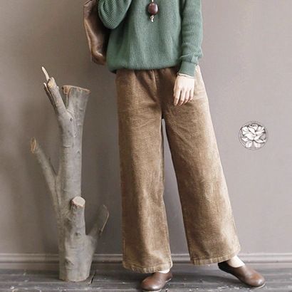 Women's Clothing Corduroy Loose Fit Autumn Pants For Mothers Elastic Waist Wide Legs Women's Bottoms_ecoleips.com