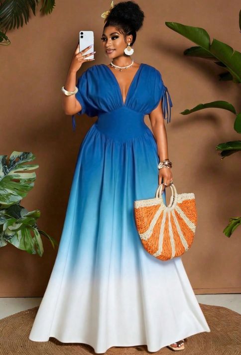 2026 Curvy Gradient Print Maxi Dress, Cold Shoulder V Neck Tie Bow A-Line Slim Waist Long Gown For Summer Beach Music Festival Vacation_ecoleips.com