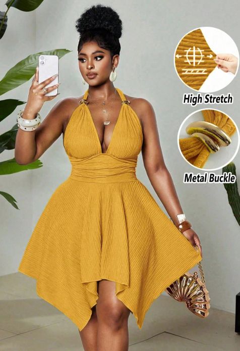 Curvy Jacquard Knit Halter Mini Dress, Metal Buckle Back Bow Ruched Waist Irregular Open Back For Beach Festival Party_ecoleips.com