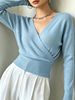 Sky Blue Deep V Wrap Pit Rib Knit Sweater, Loose Lightweight Breathable Soft Skin-touch Long Sleeve Waist Cuff Pullover_ecoleips.com