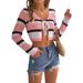 2026 Summer Hollowed-Out Contrast Color Striped Lace-Up Long-Sleeve Cropped Knit Cardigan Sunscreen Shirt Cross-Border_ecoleips.com