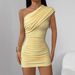 2026 European And American Summer New Fashion Solid Color Pure Desire Asymmetrical Neckline Pleated Bodycon Patchwork_ecoleips.com