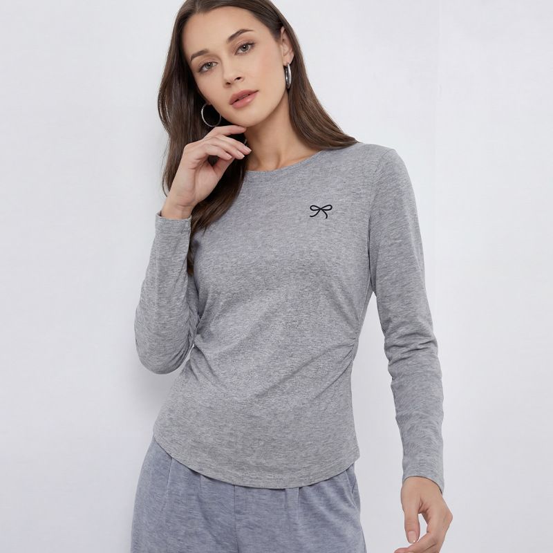 Women's Spring And Autumn Solid Color Long-Sleeve T-Shirts, Pleated Waistbands, Round-Neck Pullover Tops_ecoleips.com