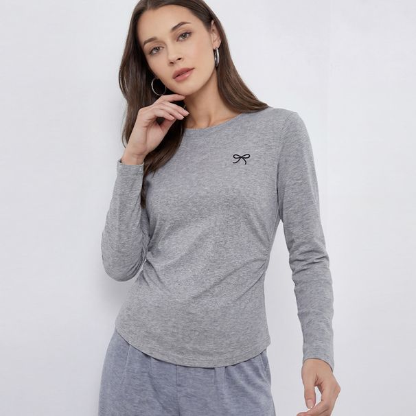 Women's Spring And Autumn Solid Color Long-Sleeve T-Shirts, Pleated Waistbands, Round-Neck Pullover Tops_ecoleips.com