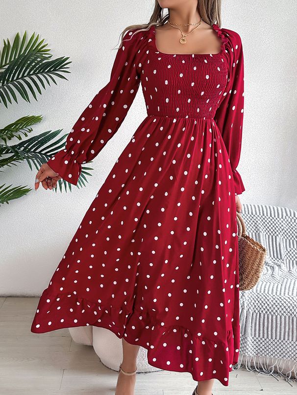 Real Shot Of 2026 Spring/Summer European And American Casual Ruffled Square-neck Polka Dot Long Skirt_ecoleips.com