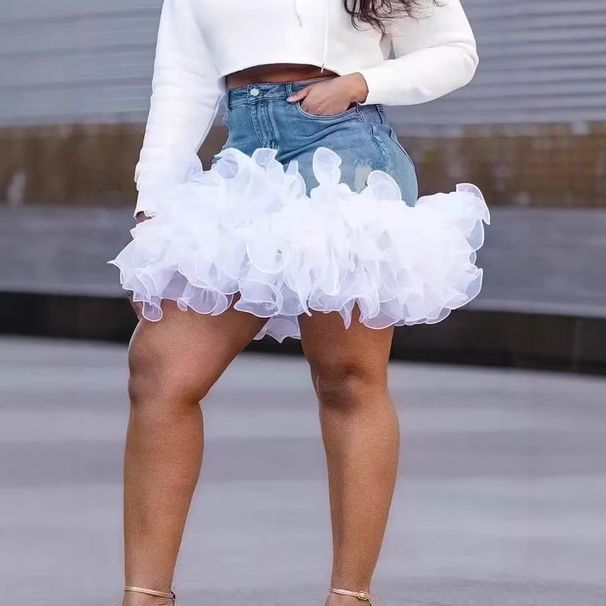 Women's Denim Mini Skirt Mesh Ruffles Patchwork Design Cross Border Hot Girl Clothing Wholesale Source_ecoleips.com