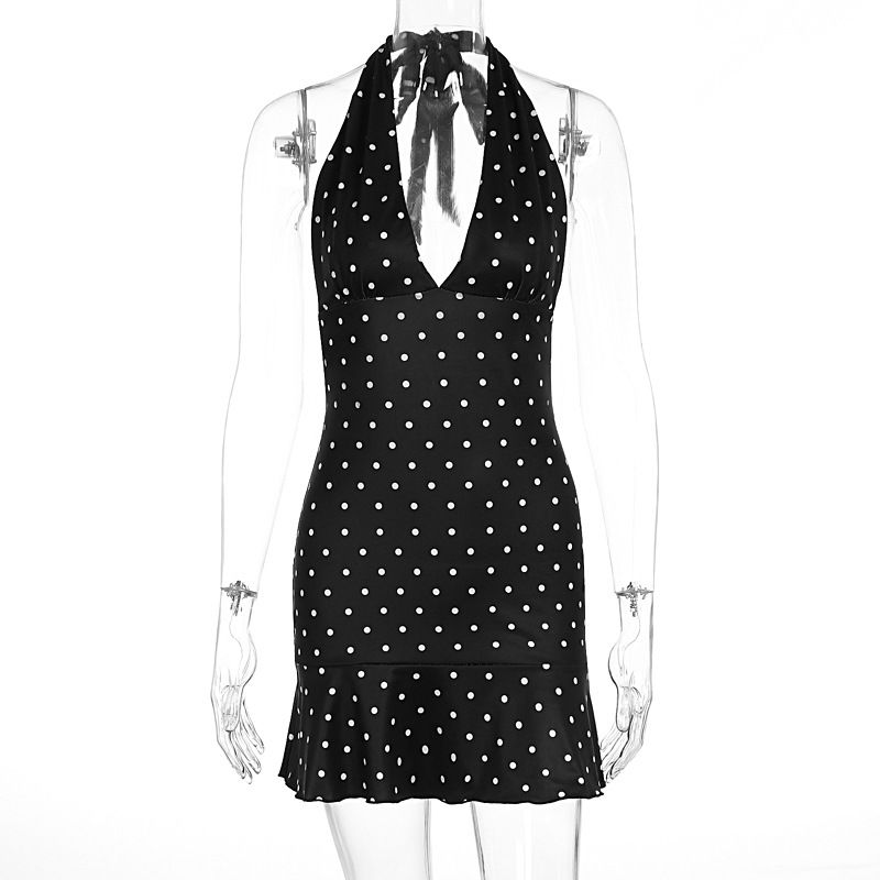 Women French Style Fashion Polka Dot Halter Neck Sleeveless Sexy Hip Wrapped Bodycon Dress For Ladies_ecoleips.com