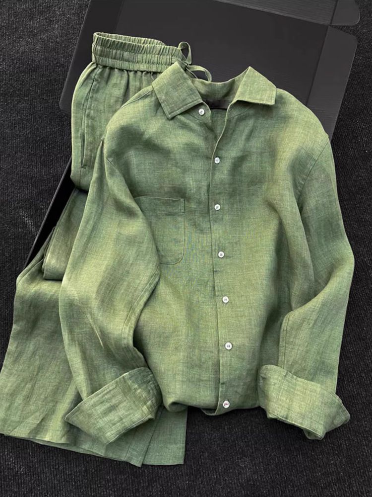 Women’s Linen Shirt & Wide-Leg Pants Set – Breathable Spring/Summer Two-Piece Outfit In Sage Green_ecoleips.com