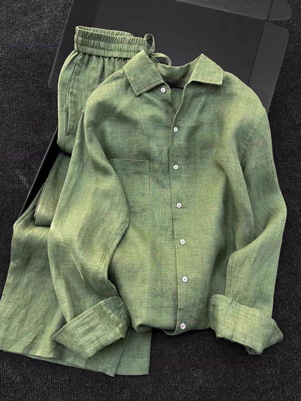 Women’s Linen Shirt & Wide-Leg Pants Set – Breathable Spring/Summer Two-Piece Outfit In Sage Green_ecoleips.com