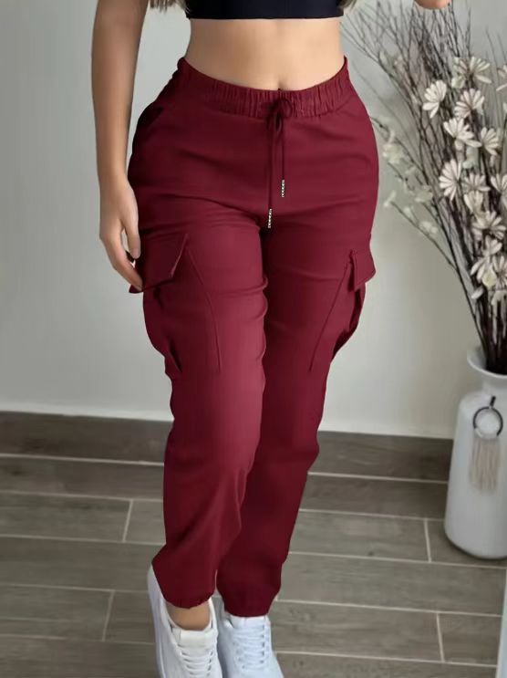 Women's Cargo Pants – High-Waisted Drawstring Joggers, Lightweight Polyester Blend For Hiking & Streetwear (Black/Beige/Red/Teal, S-XXL)_ecoleips.com