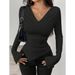 Women's Clothing V Neck Off Shoulder Two Way Design Fashionable V-Neck Off-Shoulder Two-Way Design Slim Fit Ruffled Asymmetrical Long Sleeve T-Shirt_ecoleips.com