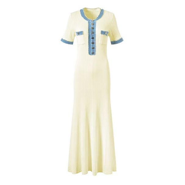Bohemian Denim Patchwork French Maxi Dress With Knit Bodice – Flattering A-Line Fit, Long Sleeve, High Waist, Elegant Wrap Design For Women_ecoleips.com