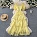 French-Inspired Summer Dress – Square Neck & Puff Sleeves With Tiered Ruffle Hem (Bluish/Black/White/Yellow/Rose Red, One Size)_ecoleips.com