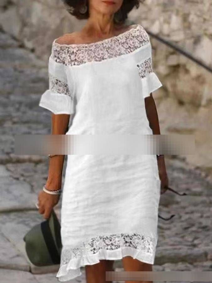 Women's Clothing Off-Shoulder Short Sleeve Dress American Style Solid Color Lace Trim Casual Elegant Fashion Thin_ecoleips.com