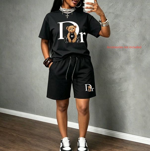 Women's Clothing 2026 DR Bear Quick-Dry! Casual Sports T-Shirt Two-Piece Set - Hip-Pop Street Style_ecoleips.com