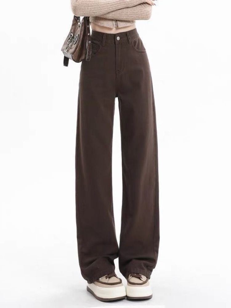 K American Retro Coffee Color Narrow Straight Leg Jeans For Women, New High Waisted Loose Fit Slimming Casual Wide Leg Pants_ecoleips.com