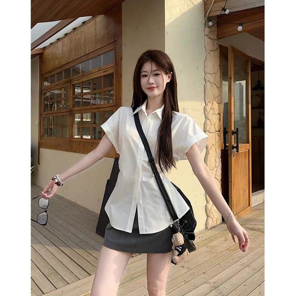 Korean-style Vintage Pure Cotton White Short-sleeve Shirt For Women, Summer 2025 New Model, Tie-waist Shirt, Niche_ecoleips.com