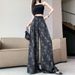 Suitable For All Seasons New Style Linen Butterfly Print Women's Casual High Waist Pleated Slimming Loose Straight Wide Leg Pants_ecoleips.com