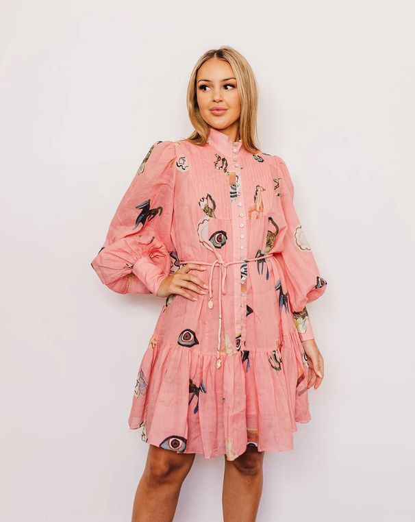 Women's Clothing Printed Fashion Puff Sleeve Multi Button Lotus Leaf Hem Dress_ecoleips.com