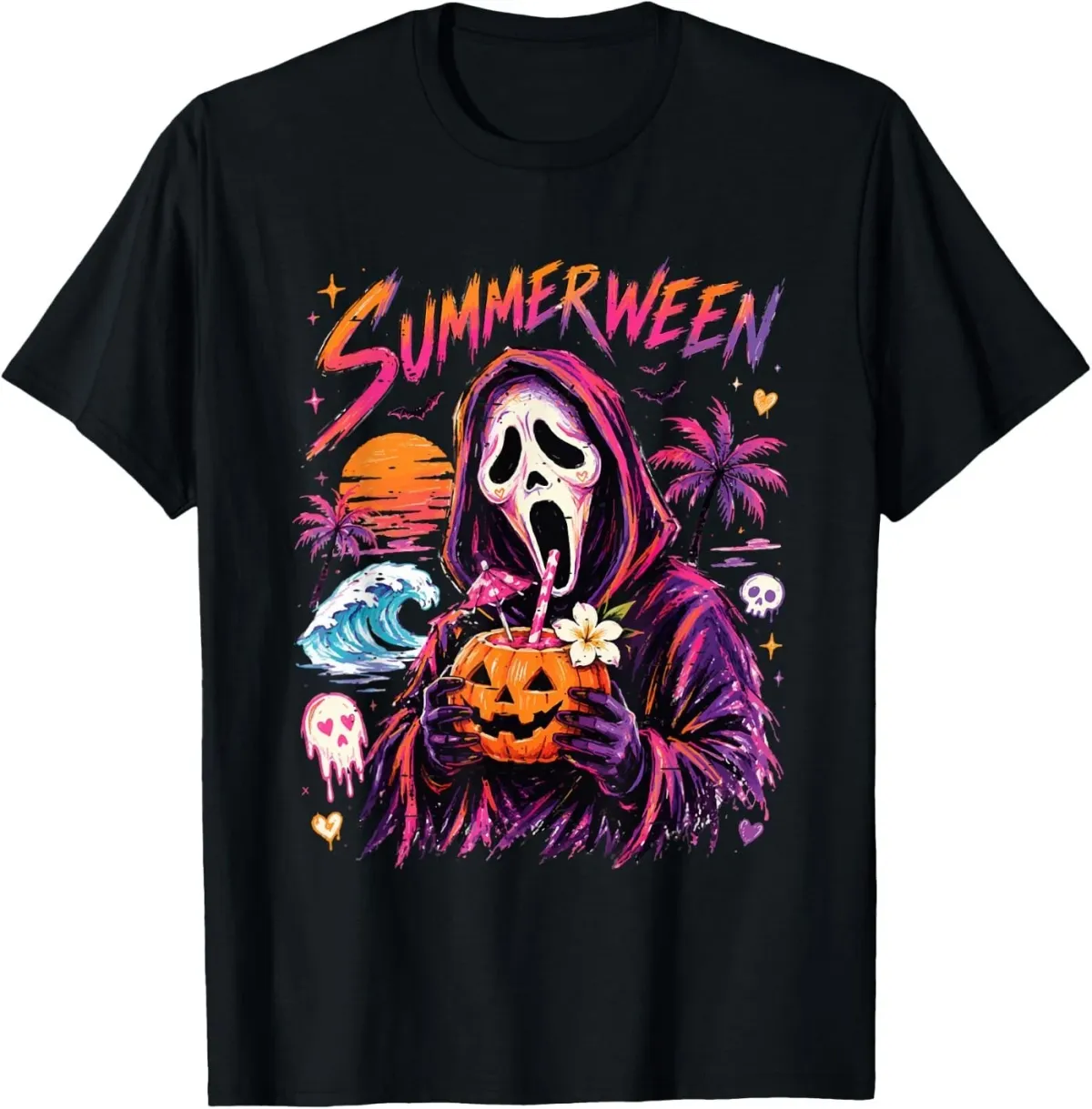 Women's T-Shirts Vintage Funny Spooky Ghost Beach Summer Vacation Summerween T-Shirt_ecoleips.com