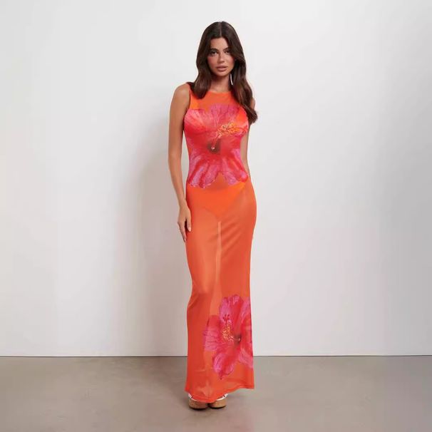Summer 2024 New European And American Style Floral Print Long Sleeveless Sexy Sheer Slim Fit Bodycon Dress_ecoleips.com