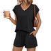 Women's V-Neck Short Sleeve Top & Shorts Lounge Set, Casual Summer Two Piece Outfit_ecoleips.com