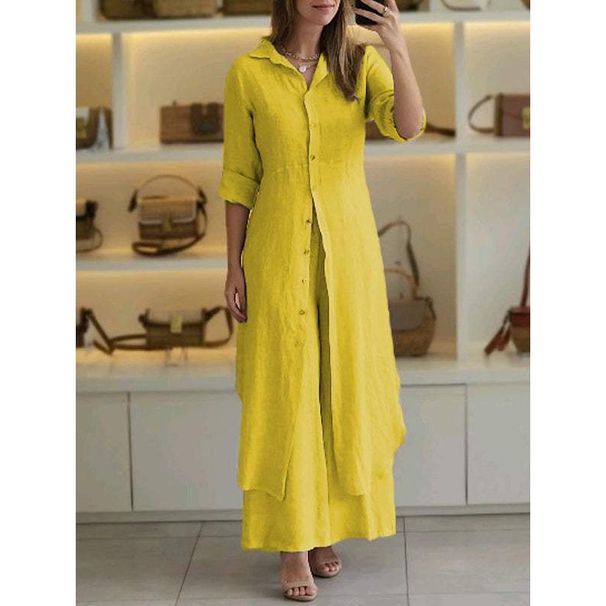 Women's Clothing New Products Summer And Autumn Urban Elegant Cotton And Linen Slim Waist Long Shirt Wide Leg Pants Suit_ecoleips.com