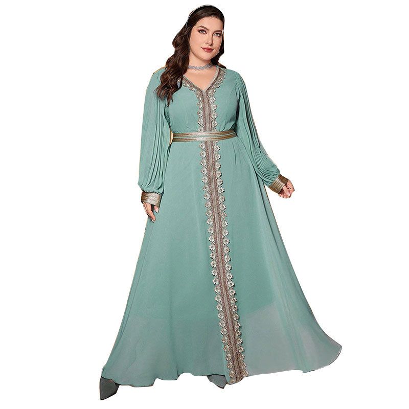 Ethnic Embroidered V-Neck Lantern Sleeve Maxi Dress – Floral Lace Trim, Plus Size 1XL-4XL, Pearl Chiffon Fabric(Mint Blue)_ecoleips.com