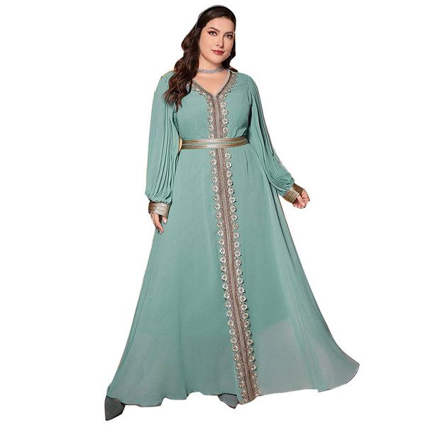 Ethnic Embroidered V-Neck Lantern Sleeve Maxi Dress – Floral Lace Trim, Plus Size 1XL-4XL, Pearl Chiffon Fabric(Mint Blue)_ecoleips.com