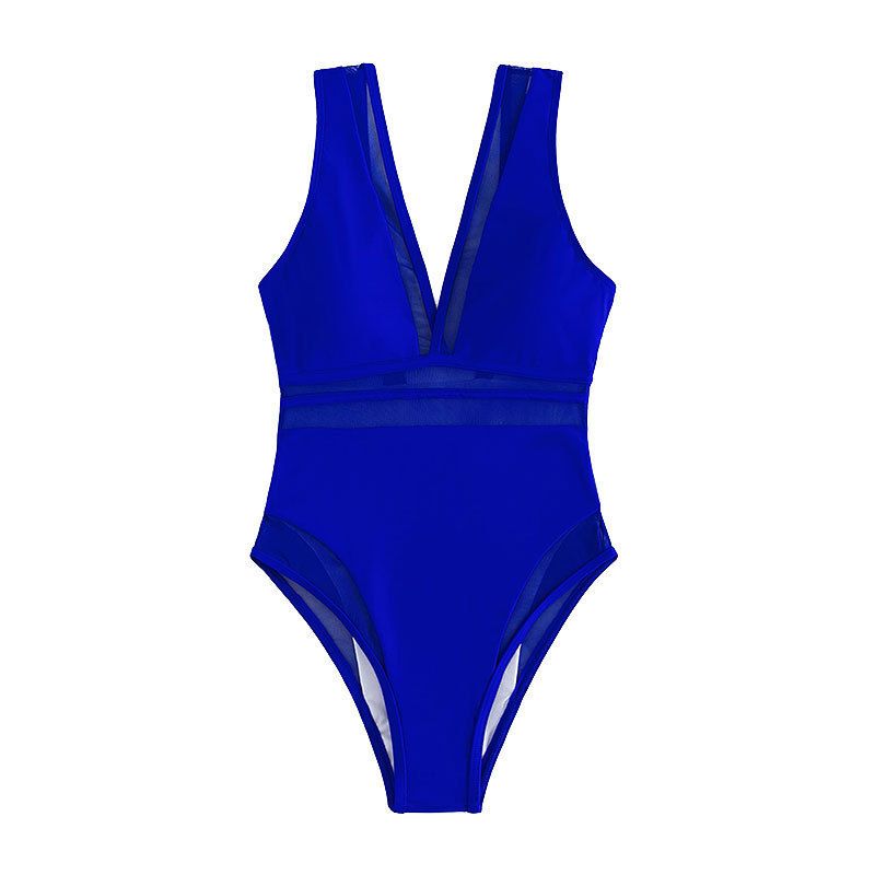 Trendy V-Neck One-Piece Swimsuit For Women - Sexy High-Waisted Slim Fit Bathing Suit, Comfortable Swimwear For Pool & Beach (Black/Blue, S/M/L)_ecoleips.com