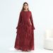 Voya Women's Tiered Maxi Dress Long Sleeve Crew Neck Ruffle Dress In Premium Pearl Chiffon Elegant Evening Party Wear, Flared Skirt, Formal Occasion Gown_ecoleips.com