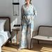 Women's Clothing Printed Long Sleeved Lace Up Shirt High Waisted Wide Leg Pants Suit_ecoleips.com