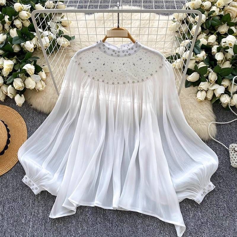 Women's Clothing Loose Fitting Casual Top Court Style Heavily Embellished Beading Rhinestones Lantern Sleeves Tassels Mesh_ecoleips.com