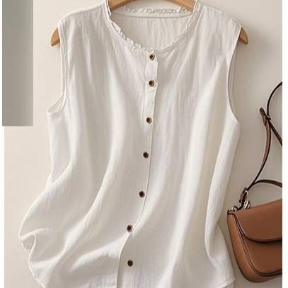 Women's Retro Artistic Cotton Linen Sleeveless Cardigan Spring Summer Loose Slimming Casual Top With Lace Collar_ecoleips.com