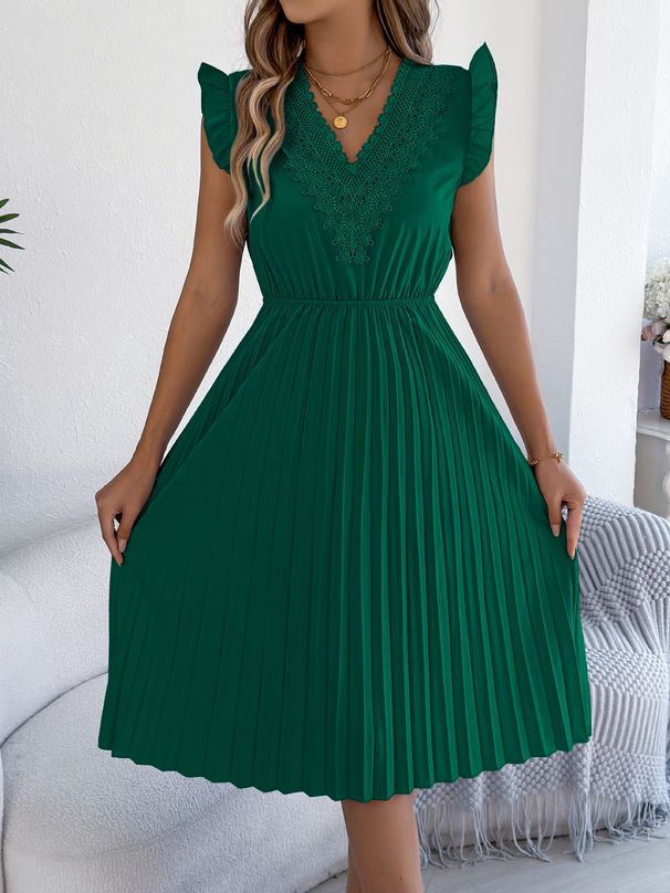 2026 Spring/Summer European And American Casual Lace V-neck Ruffled Waist Pleated Dress Cross-Border Women's_ecoleips.com