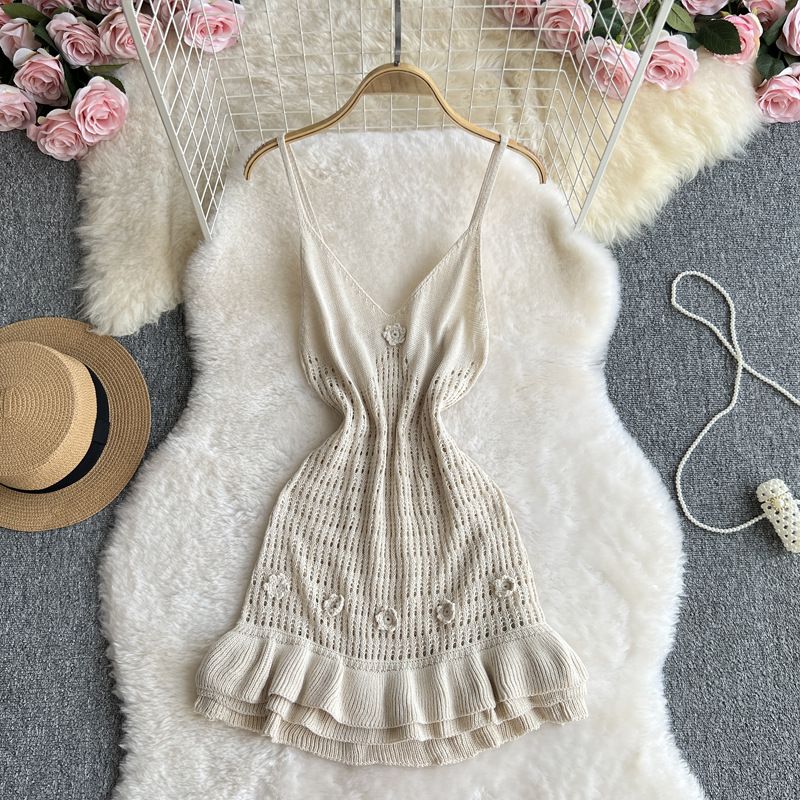 Women's Clothing Pure Desire Sexy Hot Girl Suspender Hip Skirt Summer Design Three Dimensional Flower Waist Ruffle Knitted Dress_ecoleips.com