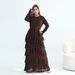 Voya Women's Tiered Maxi Dress Long Sleeve Crew Neck Ruffle Dress In Premium Pearl Chiffon Elegant Evening Party Wear, Flared Skirt, Formal Occasion Gown_ecoleips.com