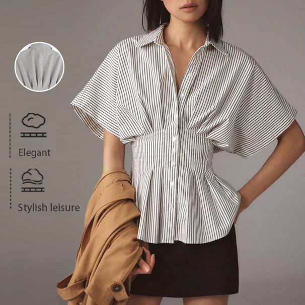 New European And American Style Waist-Cinching Shirt, Casual Versatile Striped Pleated Slimming Top_ecoleips.com